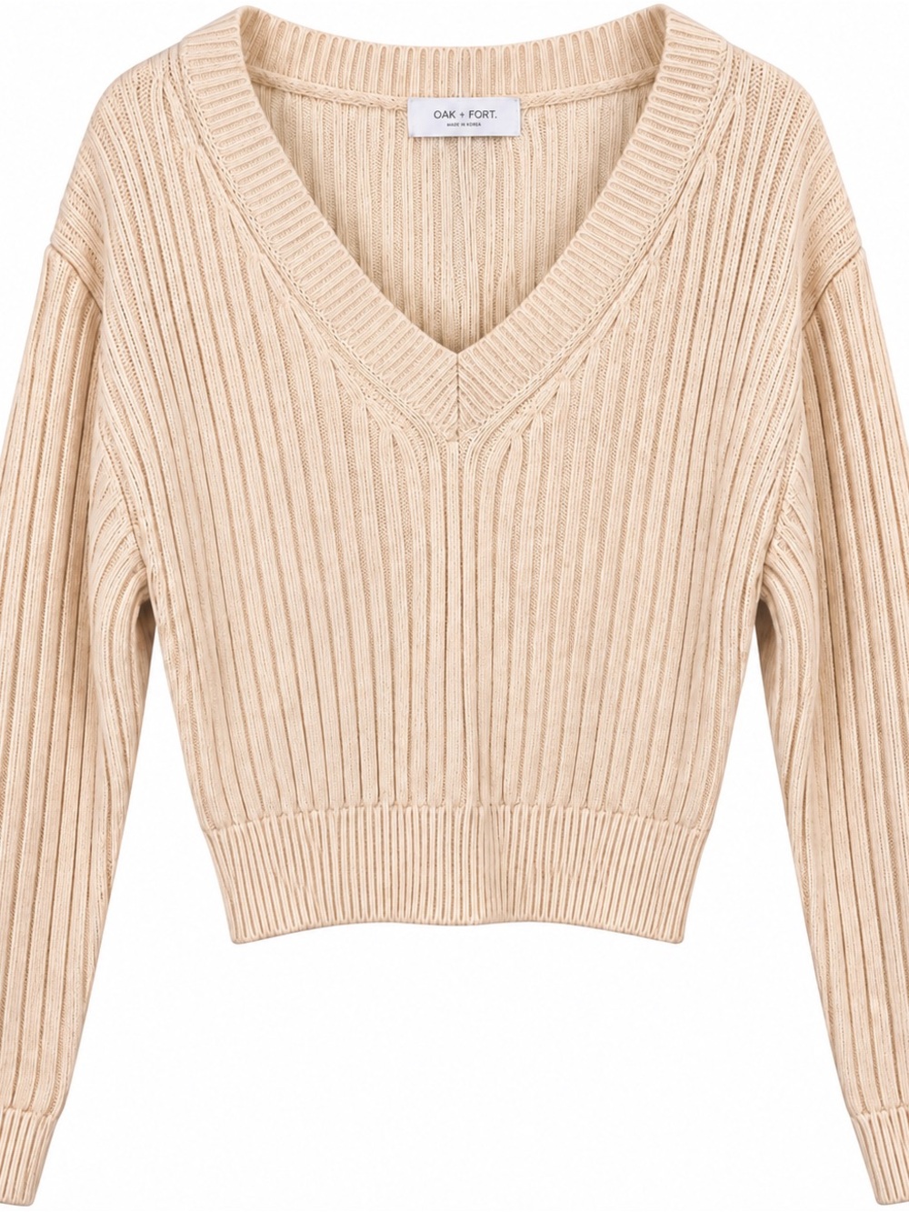 Oak + Fort Women’s S Cream Ribbed V-Neck Tie Back Sweater